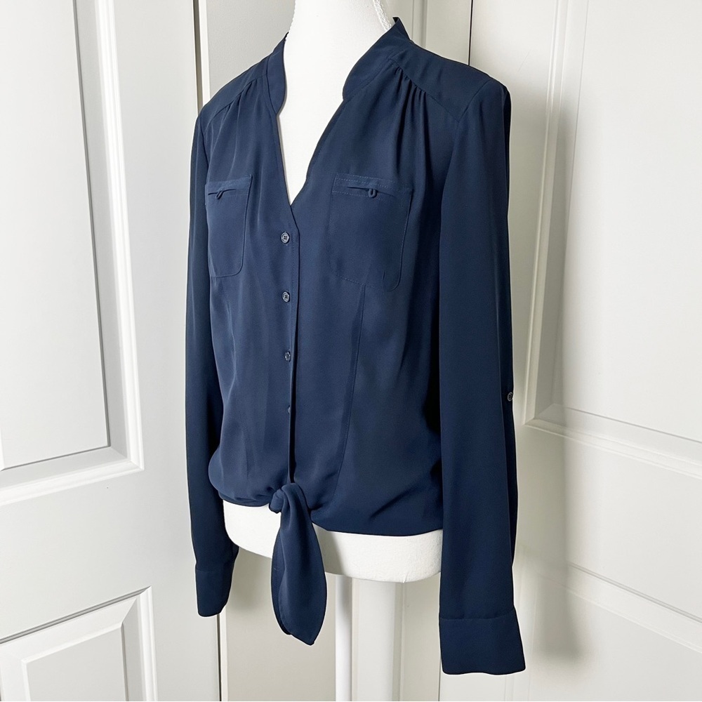 Suzy Shier Navy Button-Up Tie Front Blouse w/ Peek-a-boo Back Detail - M/L